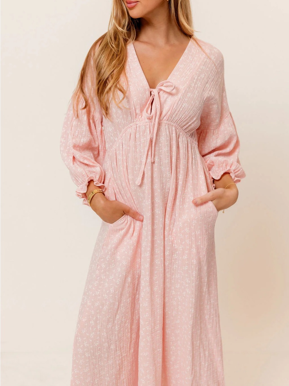 Hunter 100% Cotton Midi Dress in Pale Pink Foliage